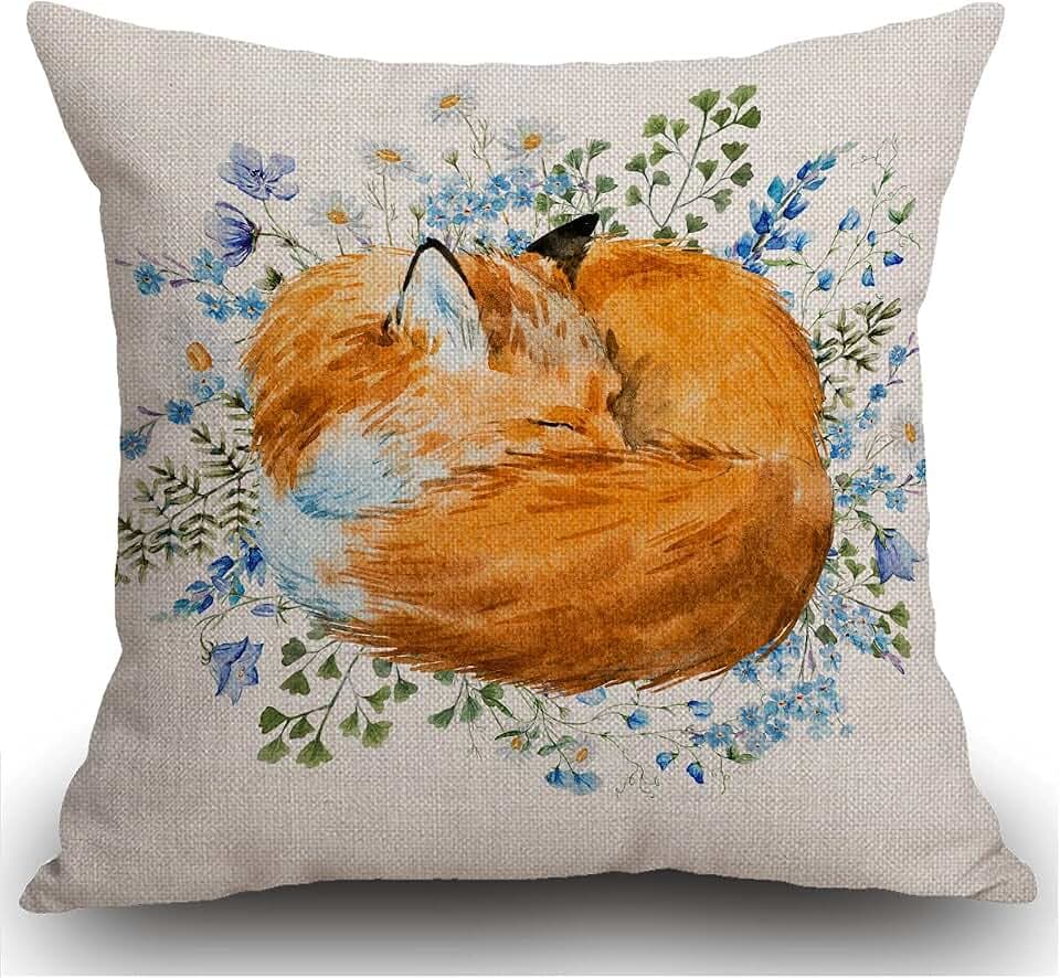 Smooffly Kissenbezug, Motiv: schlafender Fuchs, für den Außenbereich, Leinen, quadratisch, doppelseitiger Druck, für Zuhause, Büro, Sofa, Couch, Auto, Garten, 45 x 45 cm