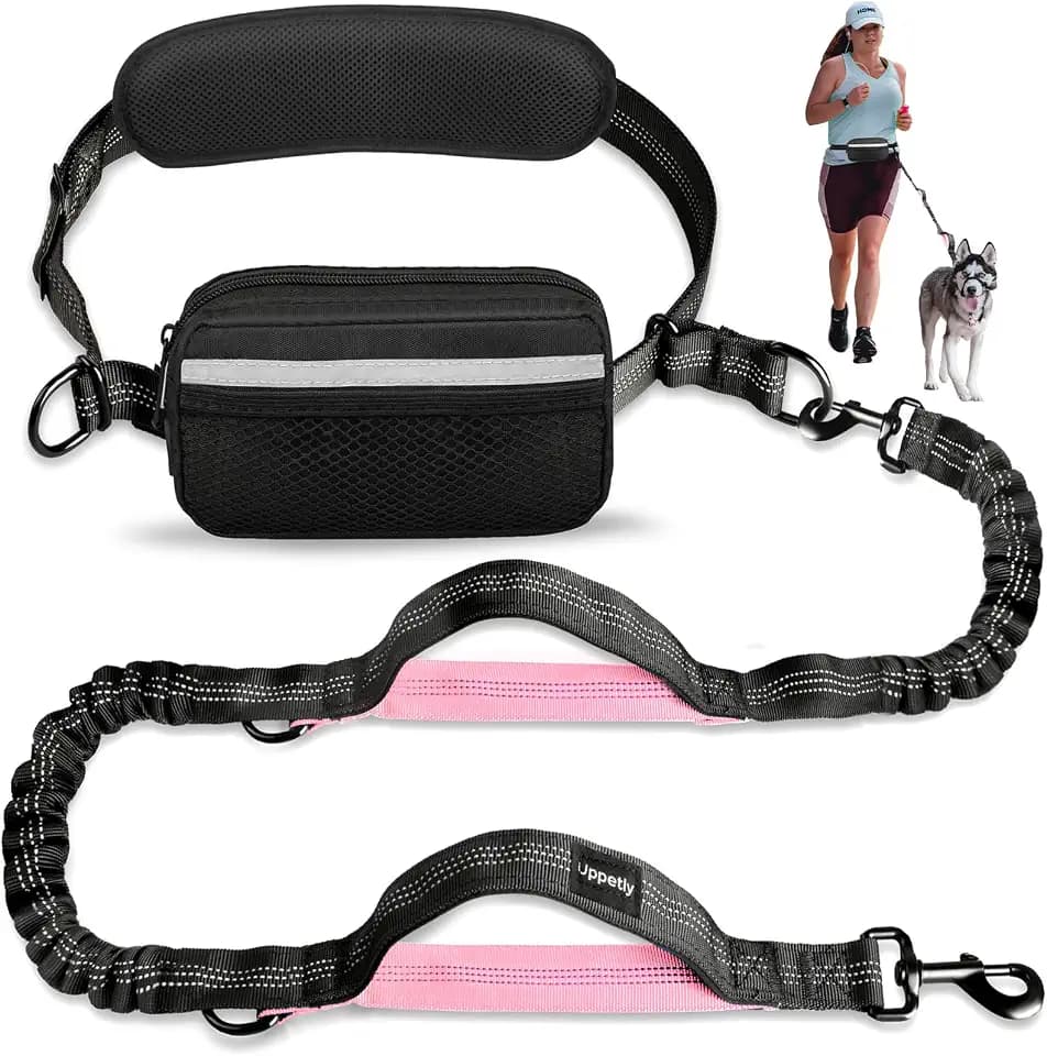 Uppetly Hands Free Dog Running Leash with Waist Belt, Dual Handle Elastic Bungees Retractable Rope for Medium and Large Dogs, Reflective Stitches for Walking Hiking Biking (Large Pink, 25-120lb
