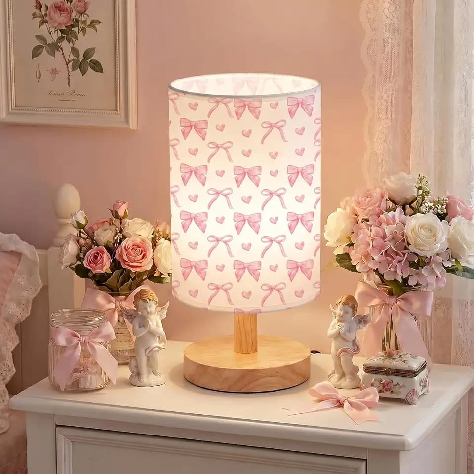Glooglitter Pink Bow Table Lamp for Room Decor Bow Bedroom Bedside Lamps