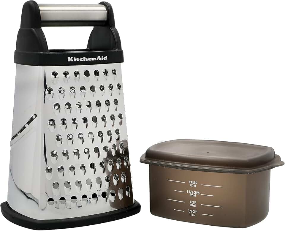 KitchenAid Vierkantreibe, 4-seitige Käsereibe aus Edelstahl mit Hobel, Reibe und Zesteur