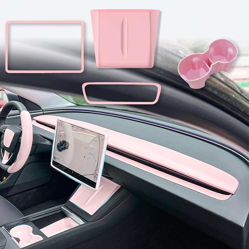 4PCS Center Console Wireless Charger Mat Silicone for 2025 2026 Tesla New Model 3 Highlan Cup Holder Insert, Screen Edge Protector Frame, Rear View Mirror Cover Decoration Accessories(Pink)