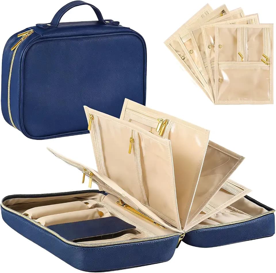 Travel Jewelry Case Organizer for Women, Detachable Pouches (Blue)