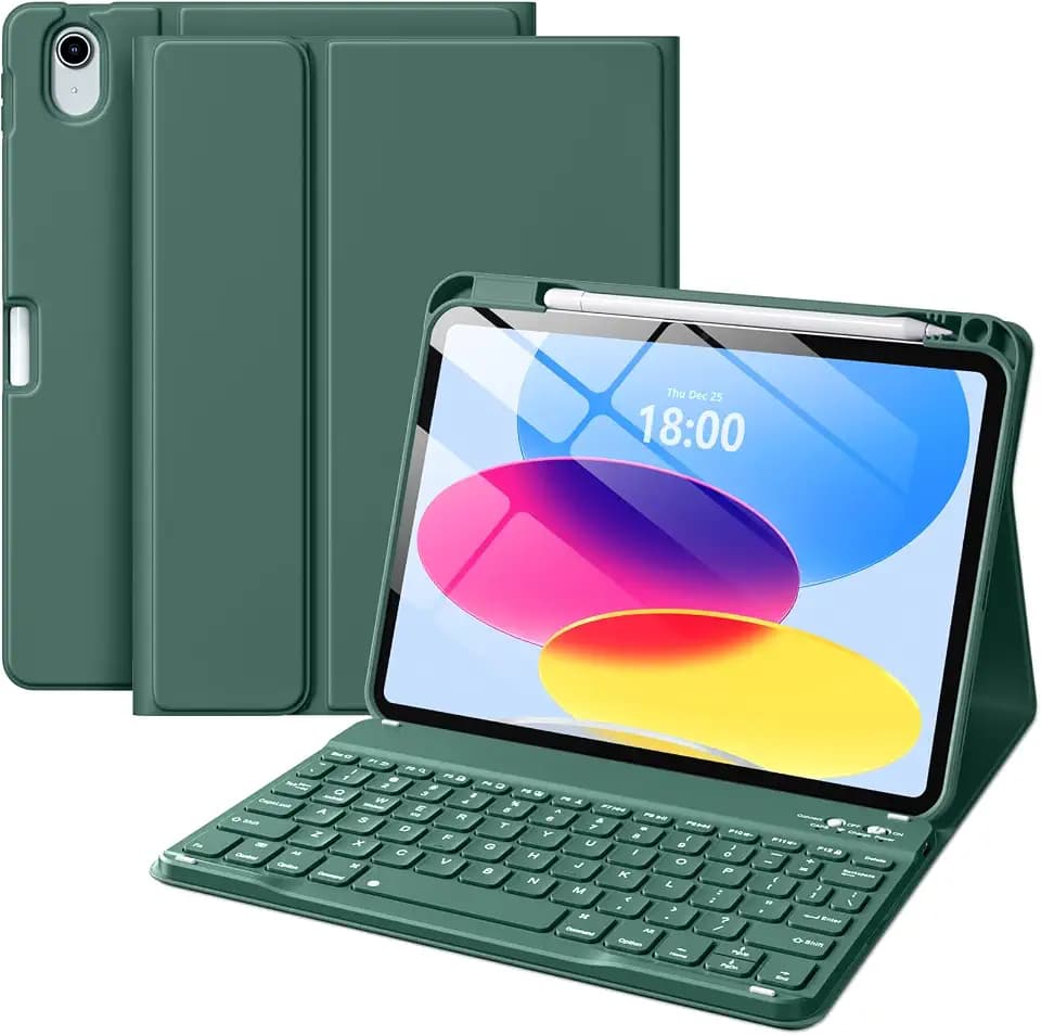 Wenlaty for iPad (A16) 11th/10th Generation Case with Keyboard, Pine Green