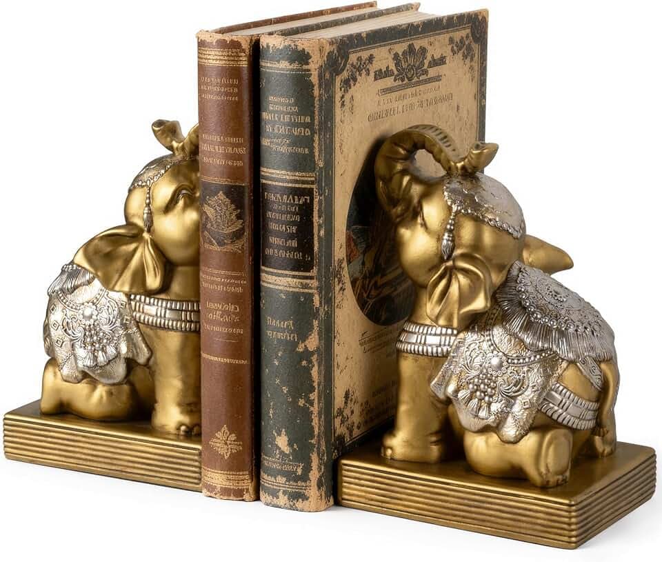 Elephant Book Ends for Shelves, Vintage Decorative Bookends, Book Holders with Anti-Slip Pad for Book Lovers Heavy Book Stopper for Home Office Decor (Gold)