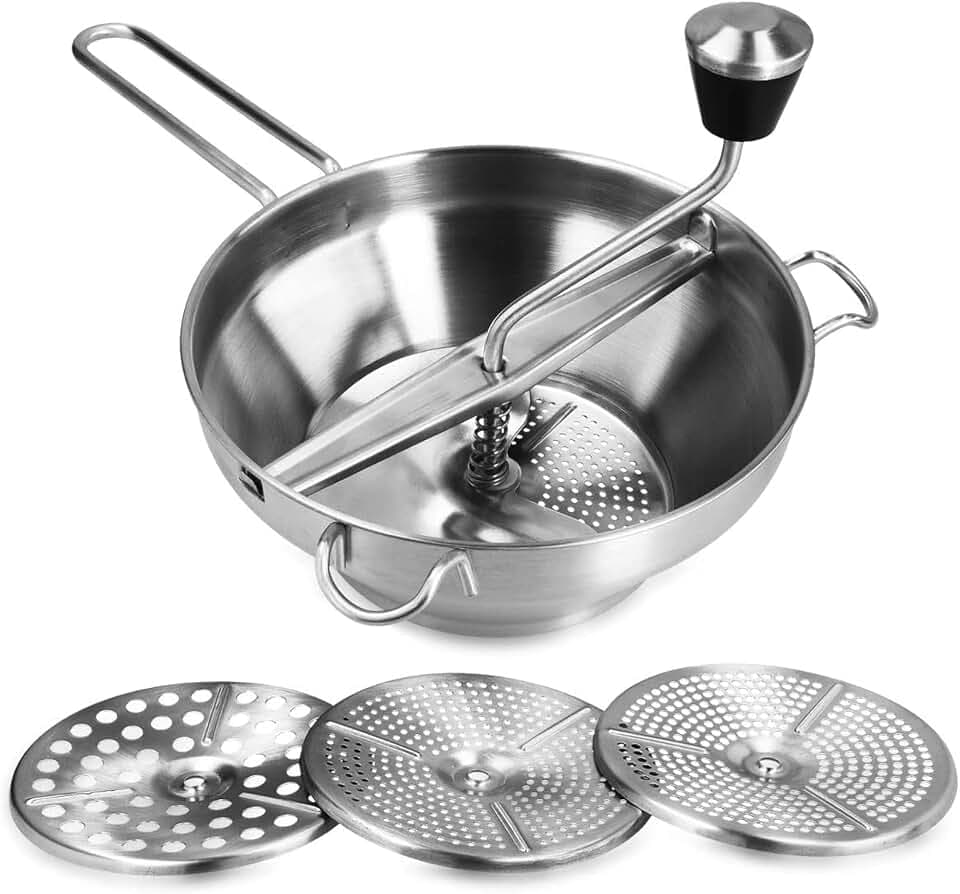 Navaris Passiersieb aus Edelstahl mit 3x Siebeinsatz - Passiergerät Passiermühle für Suppe Marmelade Baby Brei Saucen - 3 Stück Sieb Einsätze - Mühle Presse - Passiermaschine
