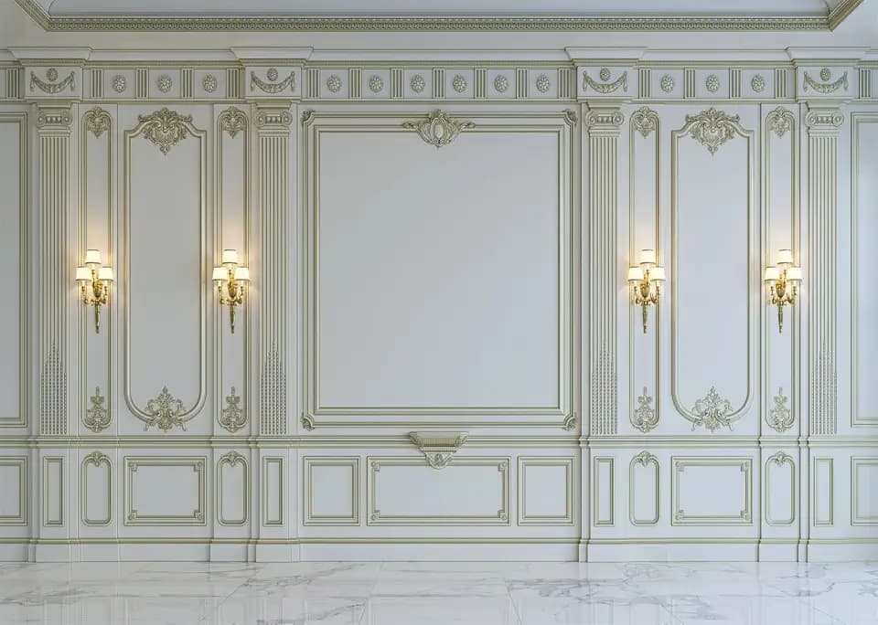 BELECO 7x5ft Fabric Vintage Living Room Backdrop Classic White Wall Interior European Frame Castle Wall Photography Background Empty Living Room Wallpaper Birthday Party Decoration Photo Studio Prop