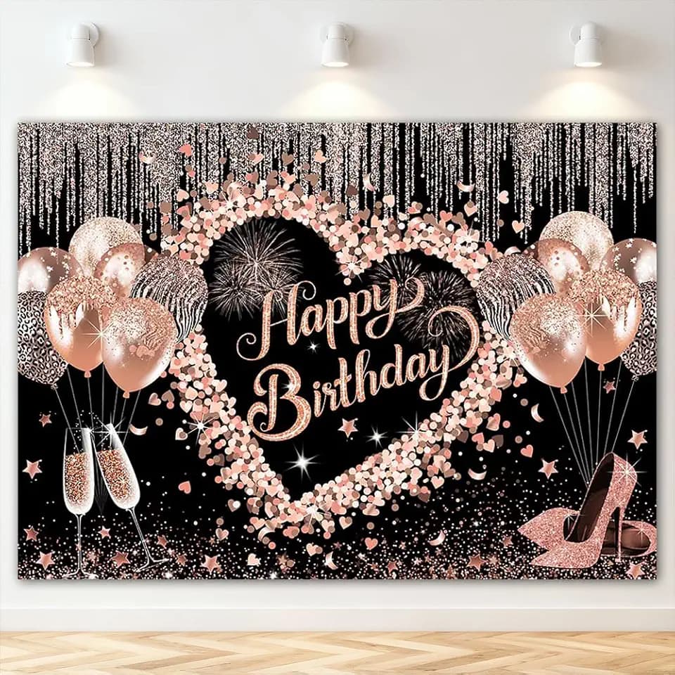 Mocsicka Rose Gold Glitter Happy Birthday Backdrop for Women Girls 7x5ft