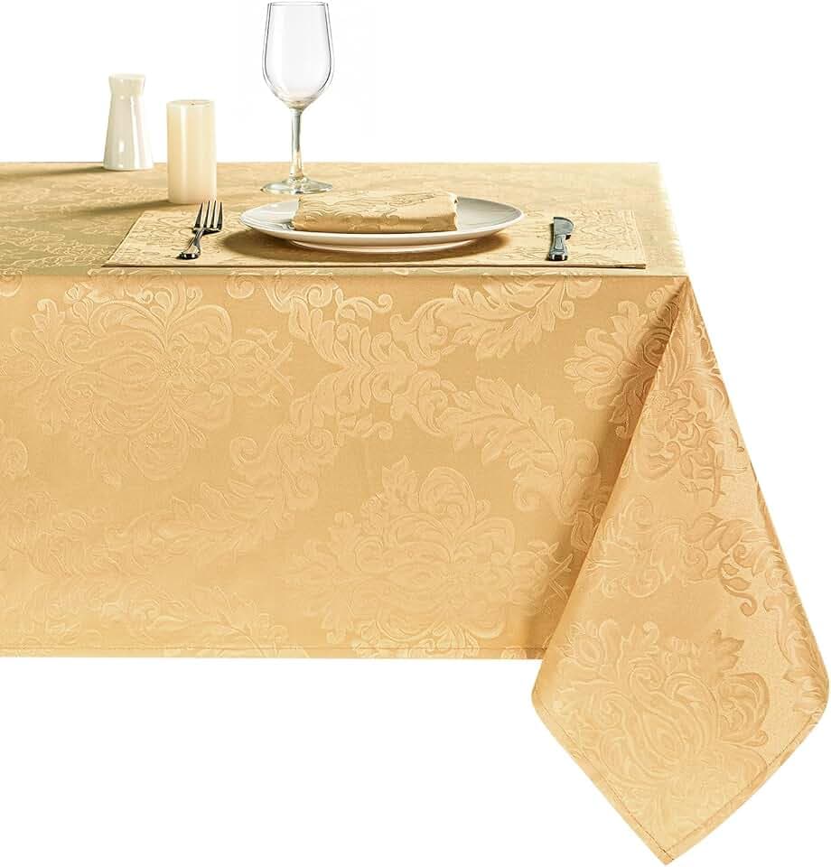 Gold Jacquard 60x84 Inch Rectangle Polyester Tablecloth