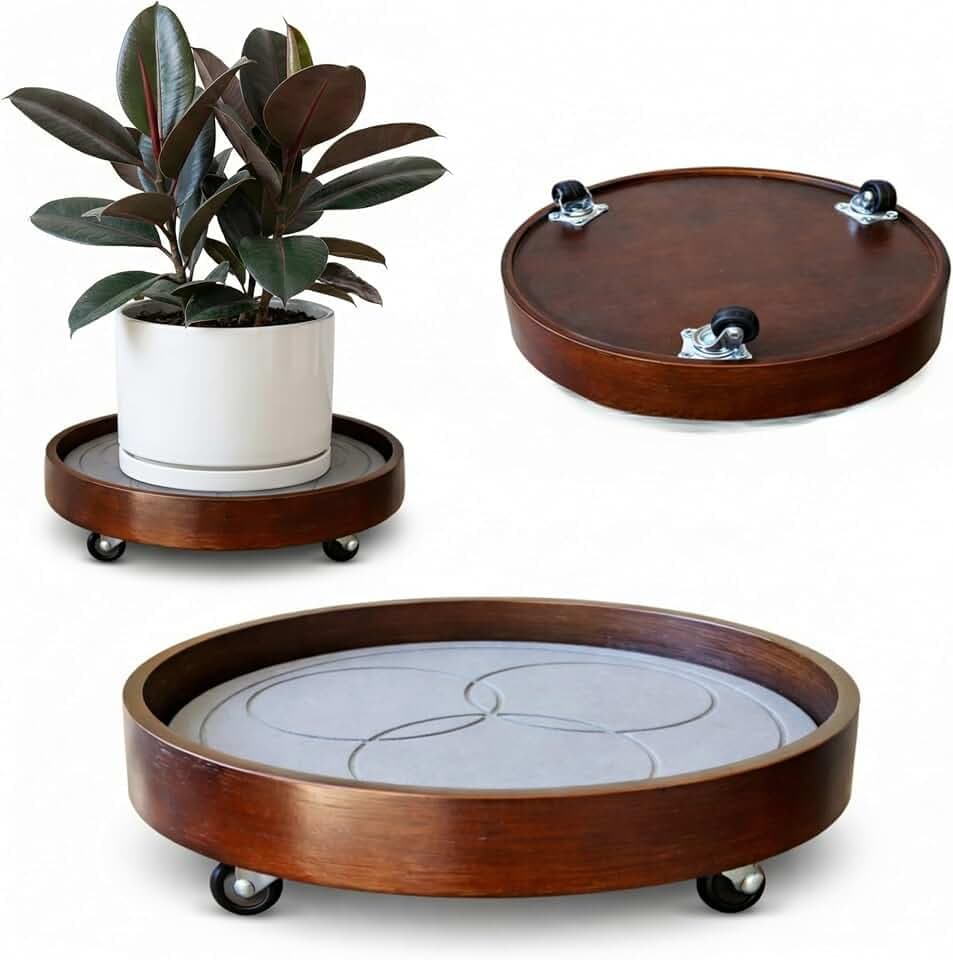 Plant Caddy with Wheels Indoor – Bamboo Rolling Plant Stand with Absorbent Stone, No Water Stains, 360° Wheels, Floor Protection Plant Tray for Heavy Pots