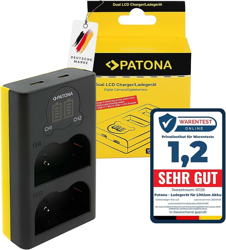 PATONA Dual LCD Ladegerät USB-C für Nikon EN-EL3e, Olympus BLM1 BLM5 Akku