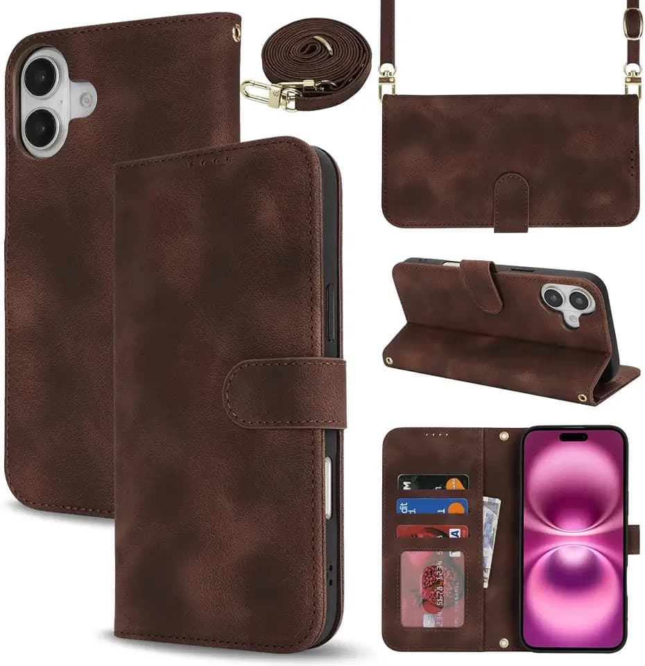 Wallet Case for iPhone 16 Plus with Crossbody Strap,Dark Brown