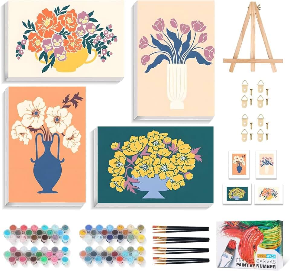 4 Pack Paint by Numbers Kit for Adults with Frame, Flowers & Floral Vase