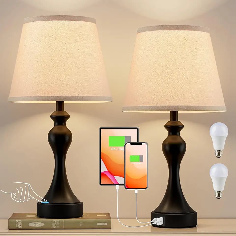 Touch Lamps for Nightstand, 3 Way Dimmable Bedside Lamps with USB C+A Ports