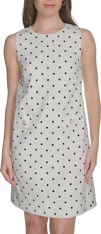 Tommy Hilfiger Women's Sleeveless Crew Neck Two Hip Pockets Hopsack Shift Mini Dress