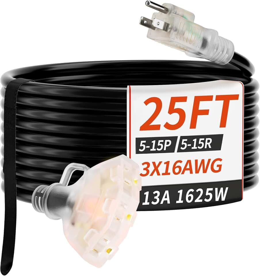 PlugSaf 25 FT 16/3 Outdoor Extension Cord with Multiple Outlets Black