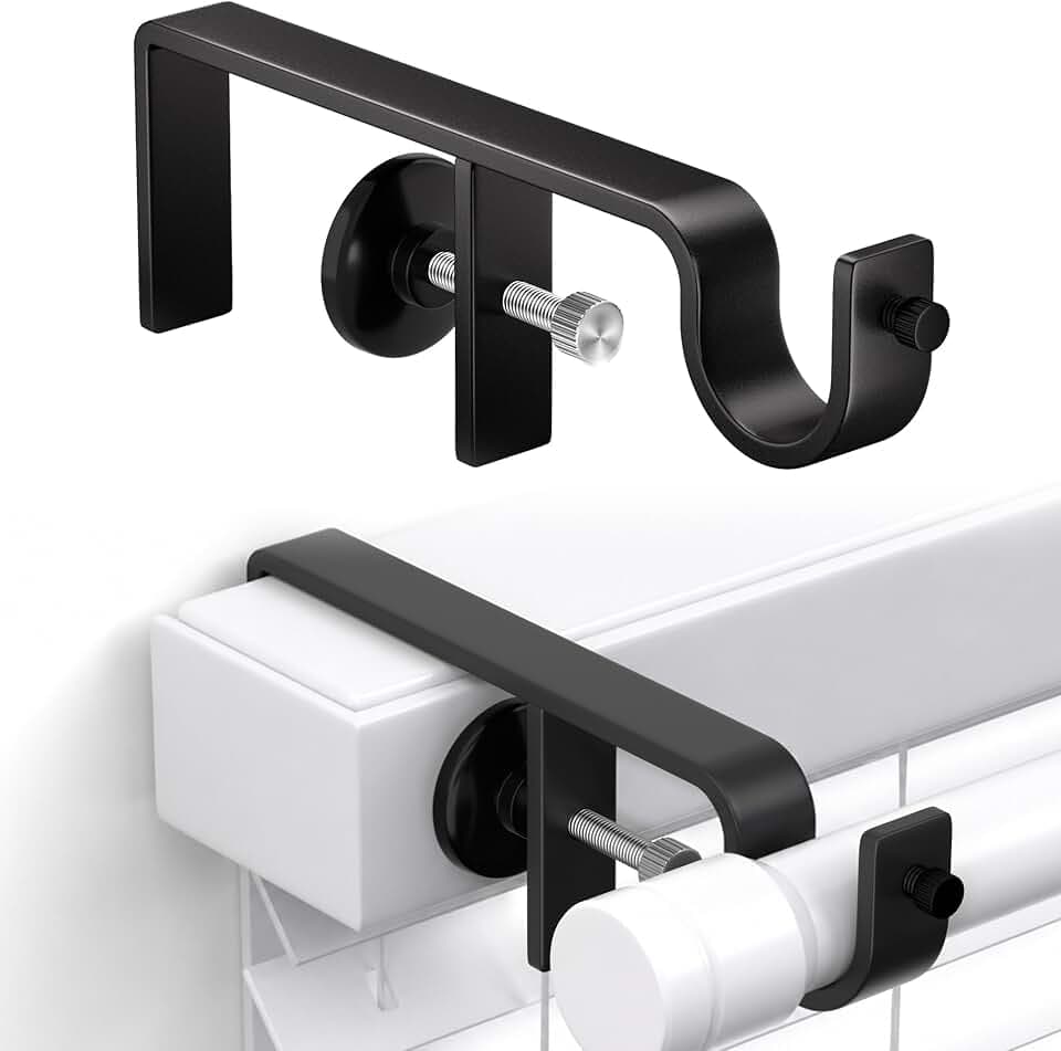 No Drill Curtain Rod Brackets for Blinds, Over Blinds Curtain Rod Holders for Outside Mount Blinds, Fits 1.2"-2.2" Headrails, Set of 2, Black