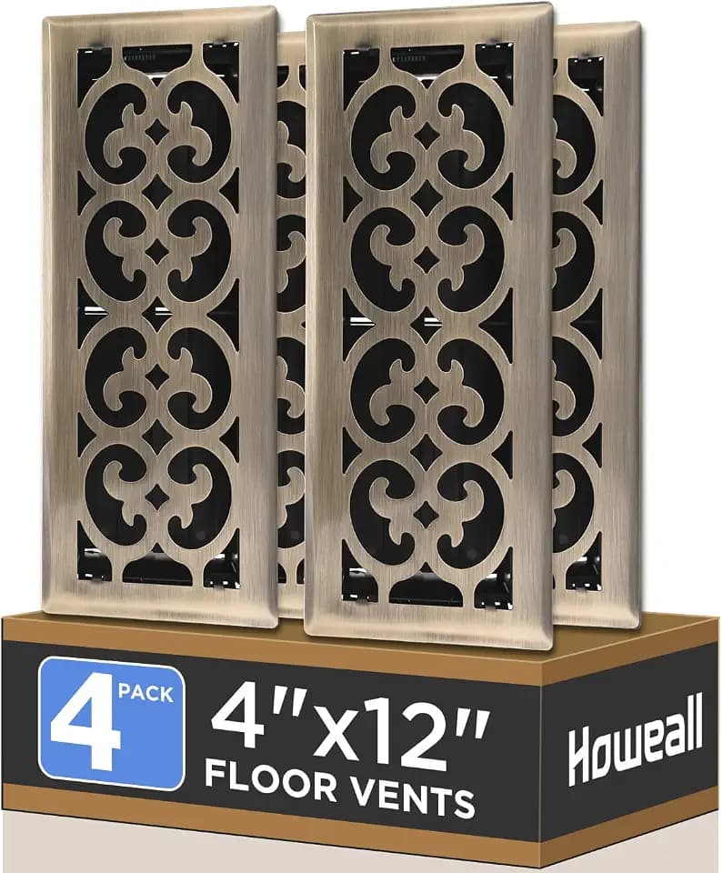 Howeall 4x12 Inches 4 Pack Heavy Duty Walkable Floor Register - Easy Adjust Air Supply Lever Decorative Floor Vent Covers, Charlotte Design Vent Covers for Home - Antique Brass