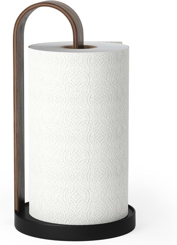 Umbra Bellwood Küchenrollenhalter, Beschwerter Echtholz-Ständer, Schwarz/Walnuss