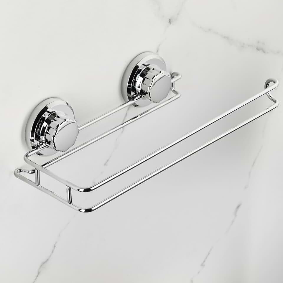 HASKO Suction Cup Paper Towel Holder, Wall Mount Metal Organizer for Bathroom & Kitchen, SUS 304 Stainless Steel Tissue Roll Hanger, Includes Optional No Drill Adhesive Mount, Silver