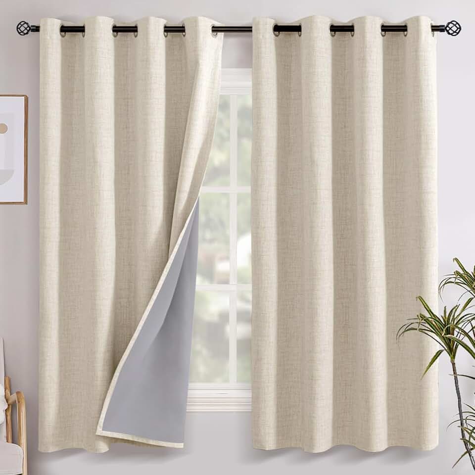 YoungsTex Warm Beige Linen Blackout Curtains 63 Inch Length, Room Darkening Drapes with Grommet Thermal Insulated Rustic for Living Room Bedroom Window, 2 Panels, 52 X 63 Inch