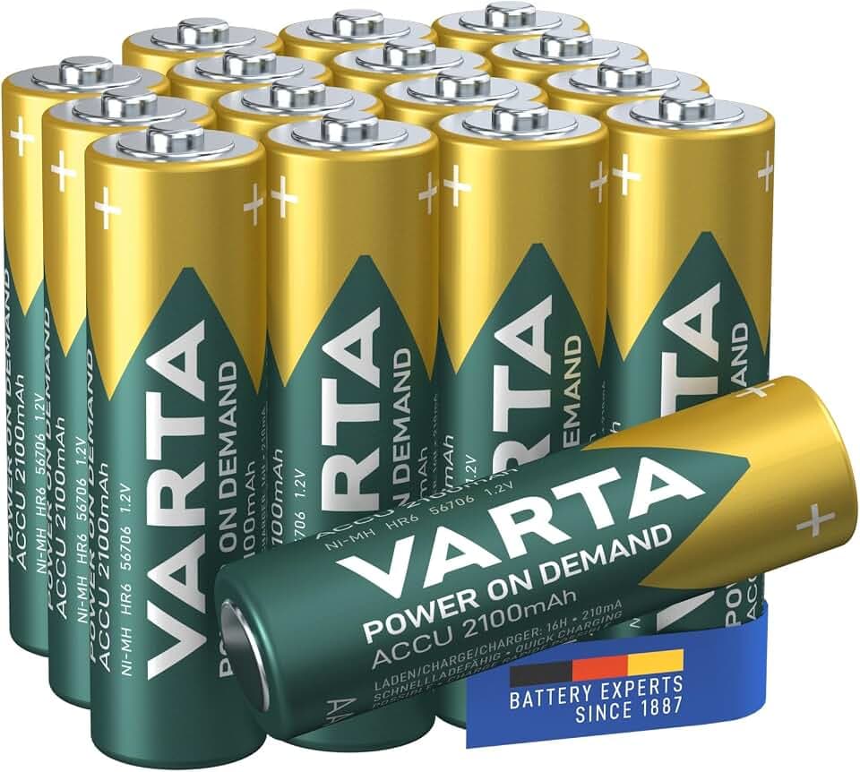 VARTA Batterien AA, wiederaufladbar, 16 Stück, Akku, Power on Demand, 2100 mAh Ni-MH, vorgeladen, sofort einsatzbereit [Exklusiv bei Amazon]