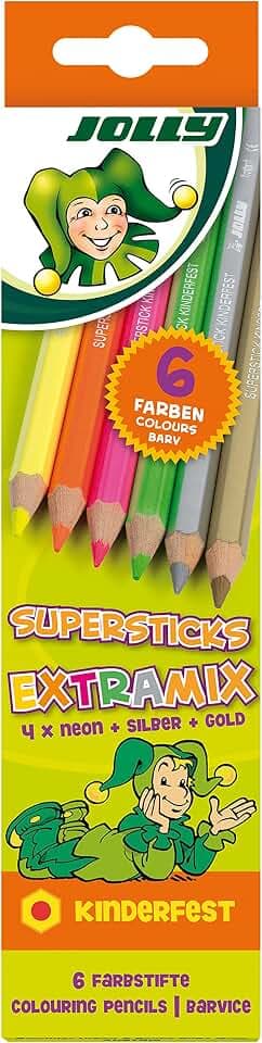 JOLLY EXTRAMIX Bunstifte | 4 Neon Farbstifte + Gold und Silber | Sechskantstifte
