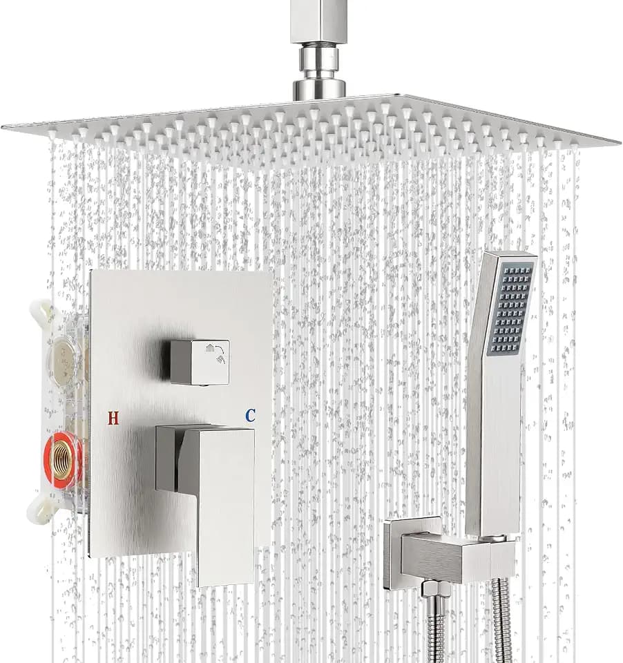 10" Square Ceiling Rain Shower Faucet Set, Brushed Nickel