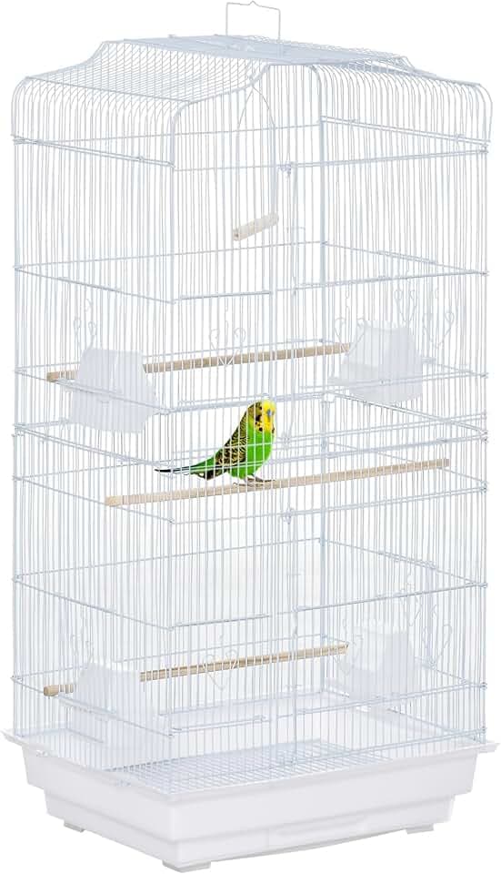 Pawhut Vogelkäfig für Vögel, mit Futterstangen, Sitzstangen, herausnehmbares Tablett, Käfig für Kanarienvögel, Wellensittiche, Papageien, 46,5 x 35,5 x 92 cm, Weiß