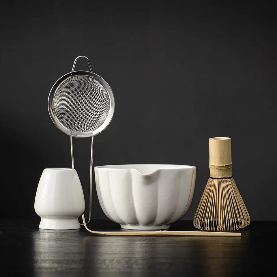 Matcha Whisk Set, Matcha Set Includes Ceramic Matcha Bowl, Bamboo Whisk, Scoop, Chasen Holder, Sifter, 5 Pcs Perfect Matcha Kit for Matcha Lover (Pearl White)