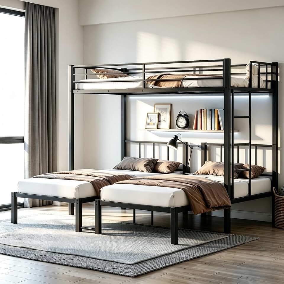 Heavy Duty Triple Bunk Bed, Twin XL Over Twin & Twin Size, Black