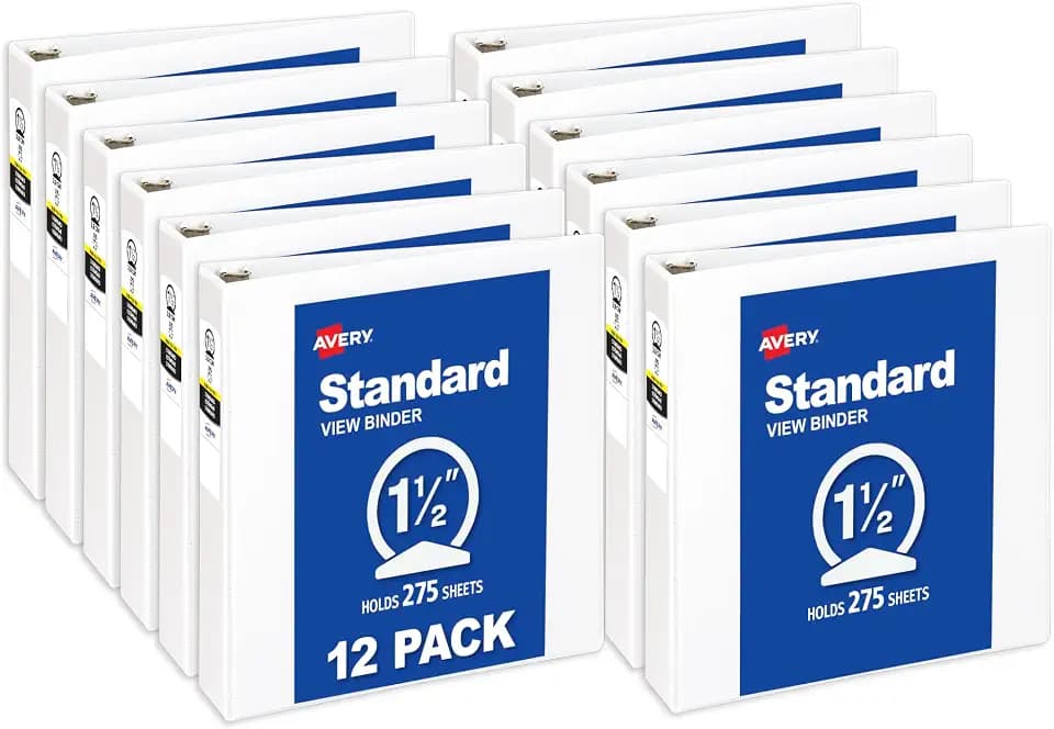 Avery® Standard View 3 Ring Binders, 1.5" Rings, 12 White Binders