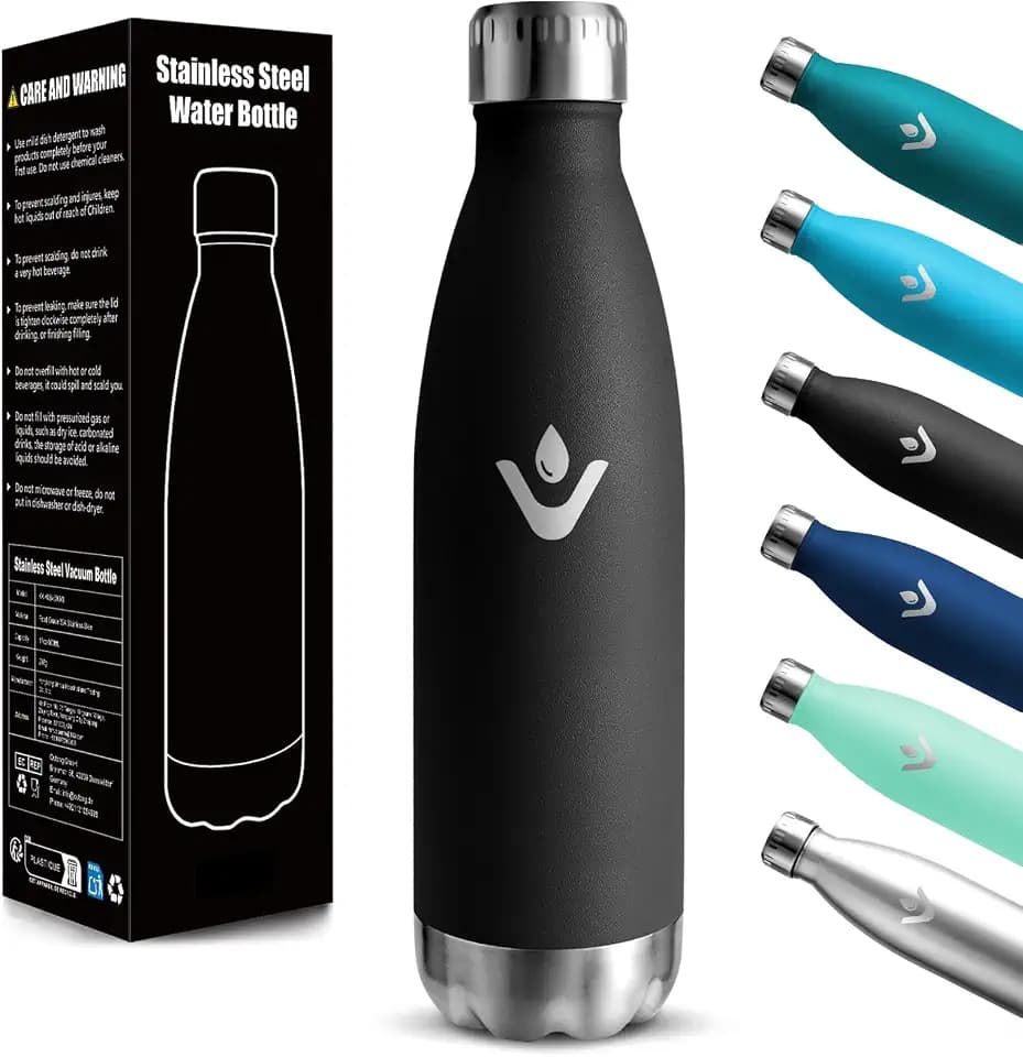 Motswedi Trinkflasche 750 ml, mit Strohhalm, Trinkflasche Edelstahl, mit 2 Deckeln, Thermosflasche, Auslaufsicher, Isolierflasche, für Camping, Travel, Sprudel, Outdoor, Schwarz