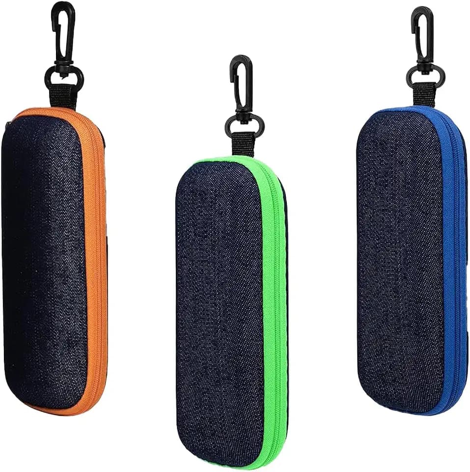 3 Stück Brillenetui Set, harte Denim Brillenbox mit Reißverschluss und Haken, Reise Brillentasche für Sonnenbrillen und Lesebrillen