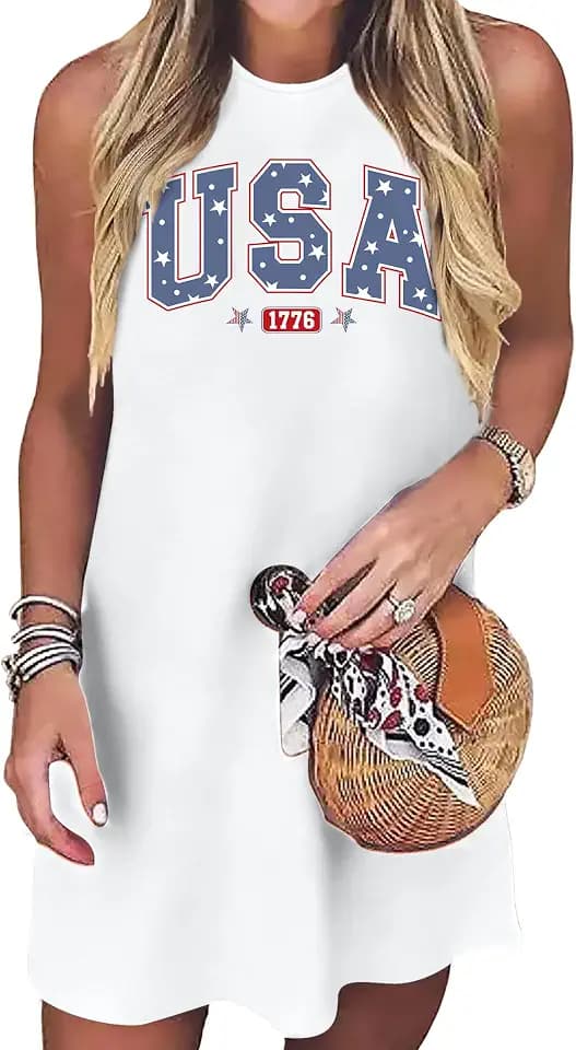 VVNTY American Flag Tank Dress Women: 4th of July Shirts Sleeveless Patriotic USA Flag Tees Casual Summer Tanks Sundress