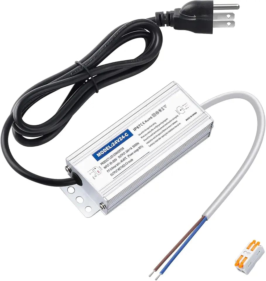 Waterproof IP67 24v Power Supply 24W 1A, LED Driver 120V AC to 24V DC Converter, with 3-Prong Plug and 4.9 Feet Cable - Ideal Power Supply for LED Strips and Lights