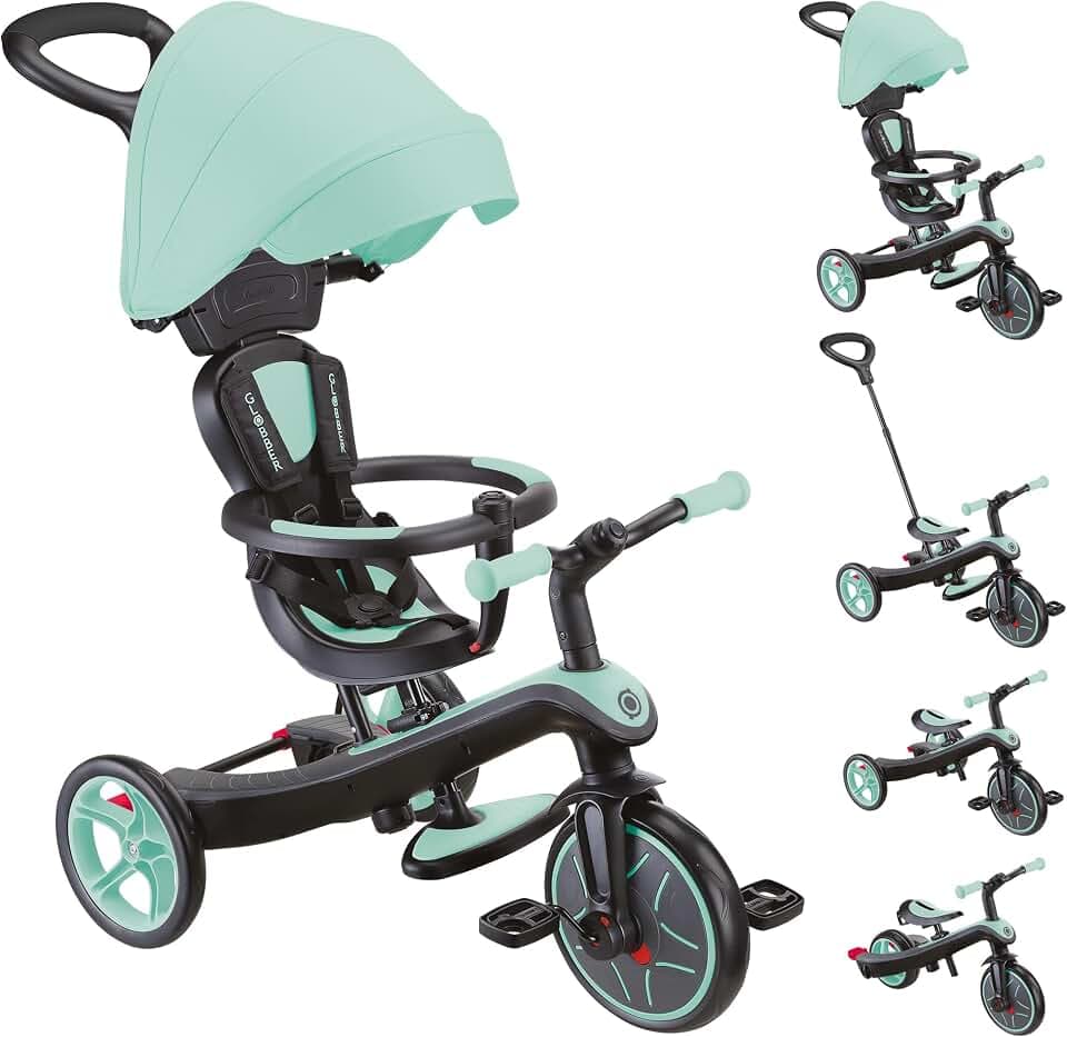 GLOBBER Explorer Trike 4in1 Pro in Mint – Dreirad, Laufrad und Kinderwagen in 10/8,5 Zoll – TPR-Sitz – höhenverstellbares Kinderfahrzeug