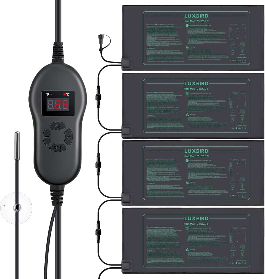 Luxbird Heizmatte mit Thermostat, Daisy Chain 4 Heizmatten mit 1 Controller, Zimmergewächshaus Wärmematte 30 Watt, IP67 Wasserdicht, 52.7x25.4cm, Eins-zu-viele-Steuerung, heizmatte für Pflanzen