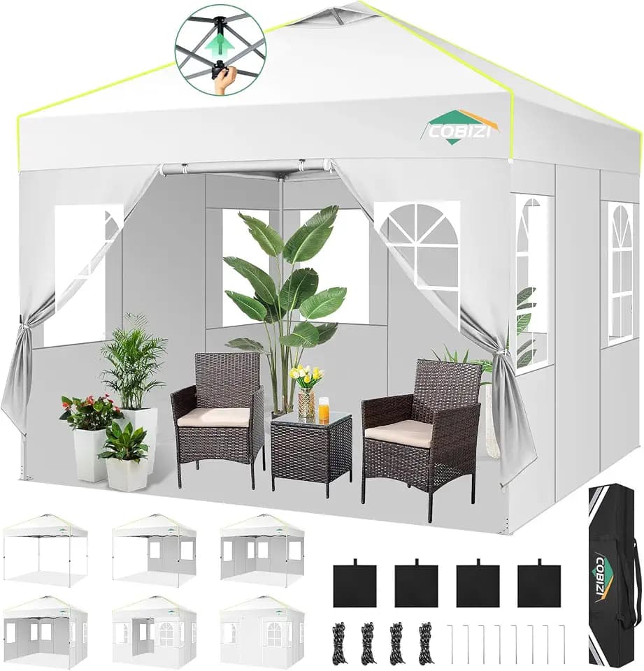 COBIZI 10x10 Pop Up Canopy Tent with 4 Removable Sidewalls, One Push Party Tent Outdoor Waterproof Event Canopy with Air Vent for Parties Commercial Wedding, 3 Height, Carry Bag, Sandbag, White