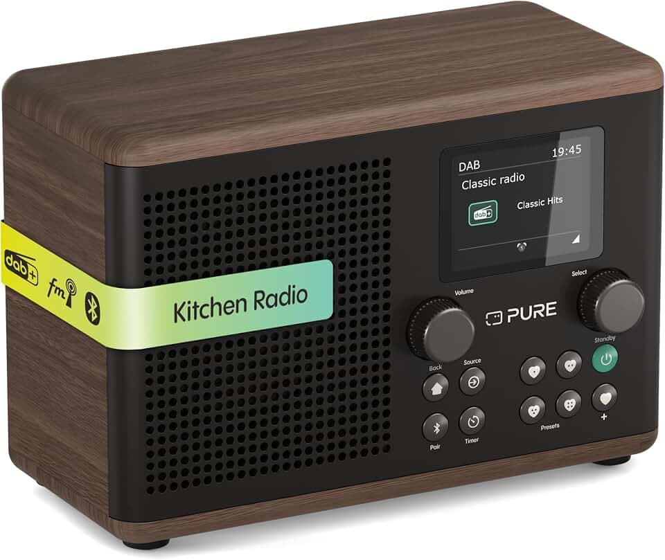 Pure Classic H4 DAB+ Radio – Digitalradio mit Bluetooth 5.3, 10W Lautsprecher, 2.4'' TFT‑Farbdisplay, Küchen‑Timer, Wecker, 80 Sender, AUX‑In, USB, stilvolles Küchenradio Kaffeebraun/Walnuss