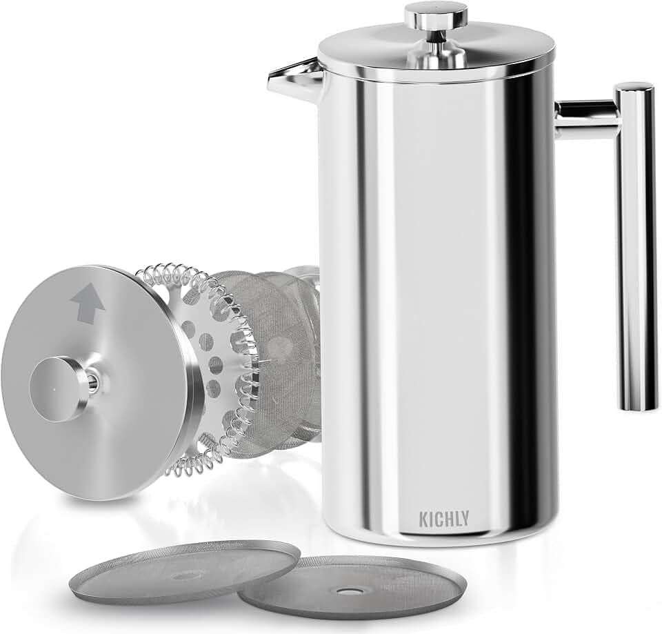 KICHLY French Press Kaffeebereiter 20 Oz - 600 ml (3 Tassen) - Kaffeemaschine mit dreifachem Edelstahlfilter & isolierten Wänden - Silber