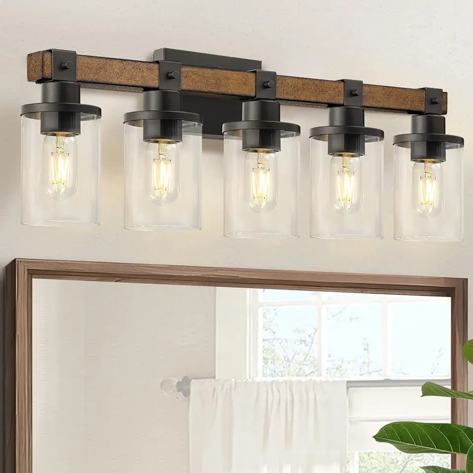 5-Light Bathroom Light Fixture, Farmhouse Vanity Lights for Bathroom with Glass Shade, Rustic Bathroom Light Fixtures, E26 Base F10BD05W1