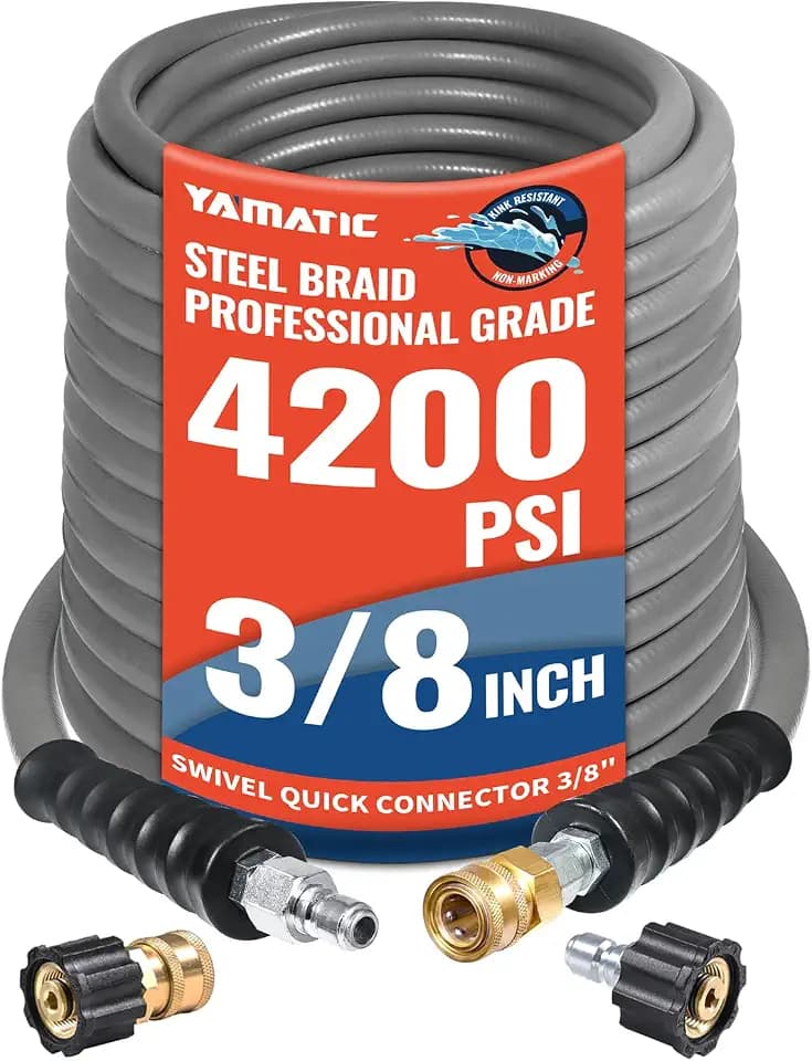 YAMATIC 3/8" Non-Marking Pressure Washer Hose 100 FT, Swivel Quick Connect