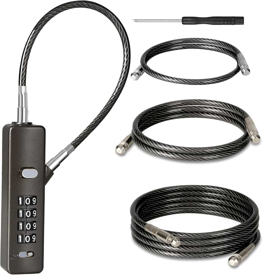 DELSWIN Cable Locks with Combination, 4-Digit Combination Lock with 3 Steel Ropes (9'' /23.6'' /47.2''), Security Cable Lock for Luggage, Helmet, Gym Locker, Cabinet, Gate (Gun-Grey)