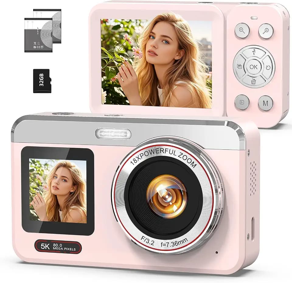 Digital Camera, 5K 80MP Dual Screen, Auto Focus for Beginners Teens