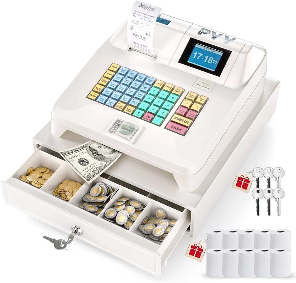 PYY Cash Register for Small Businesses - Commercial Electronic Caja Registradora para Negocio with White Medium Locked Cash Drawer Box, Digital Dual Display System Restaurant