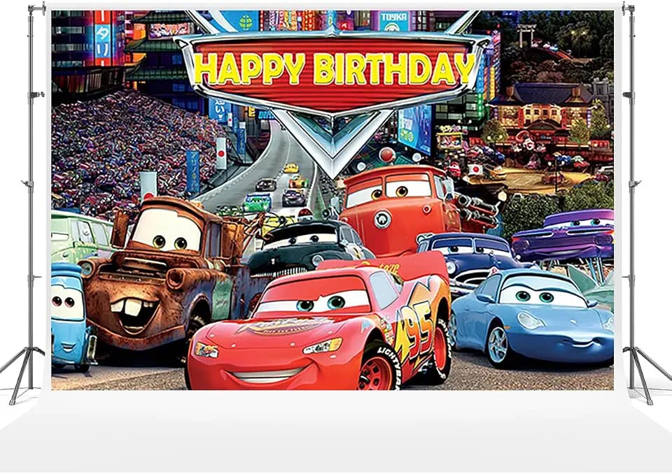 ZHANGKU 59x38in Car Backdrop for Birthday Party Lightning McQueen Banner Party Supplies Decorations