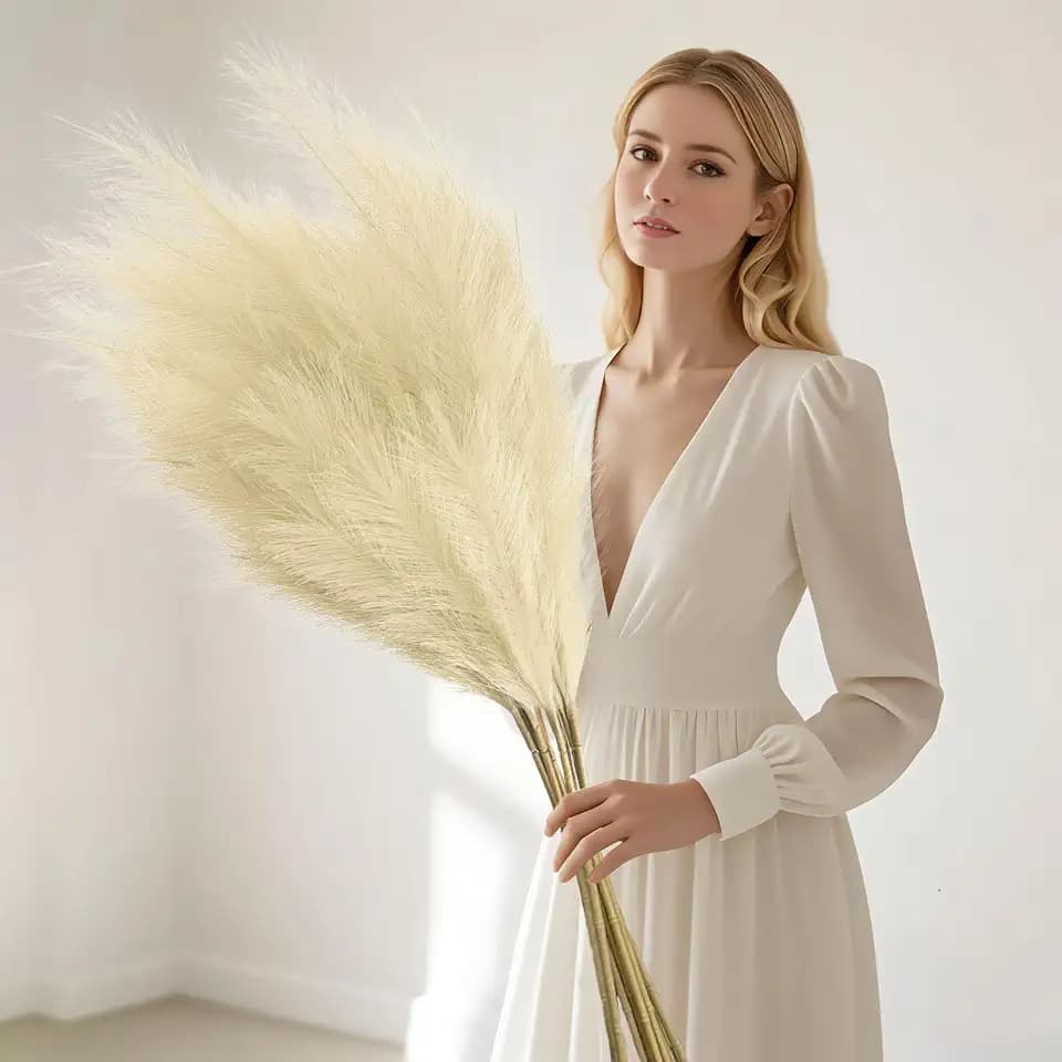 8 Pcs Yellow Tall Faux Pampas Grass Decor, 45 Inches Artificial Pampas Grass Bulk, Large Faux Pompas Dried Decor for Floor Vase Filler, Home Boho, Wedding Anniversaries, Baby Shower Decoration