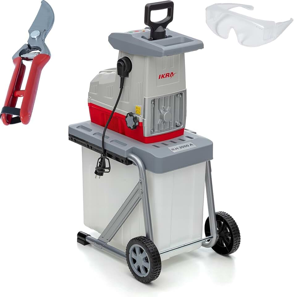 IKRA Elektro Garten-/Walzenhäcksler ILH 3000A, Gartenschere & Brille