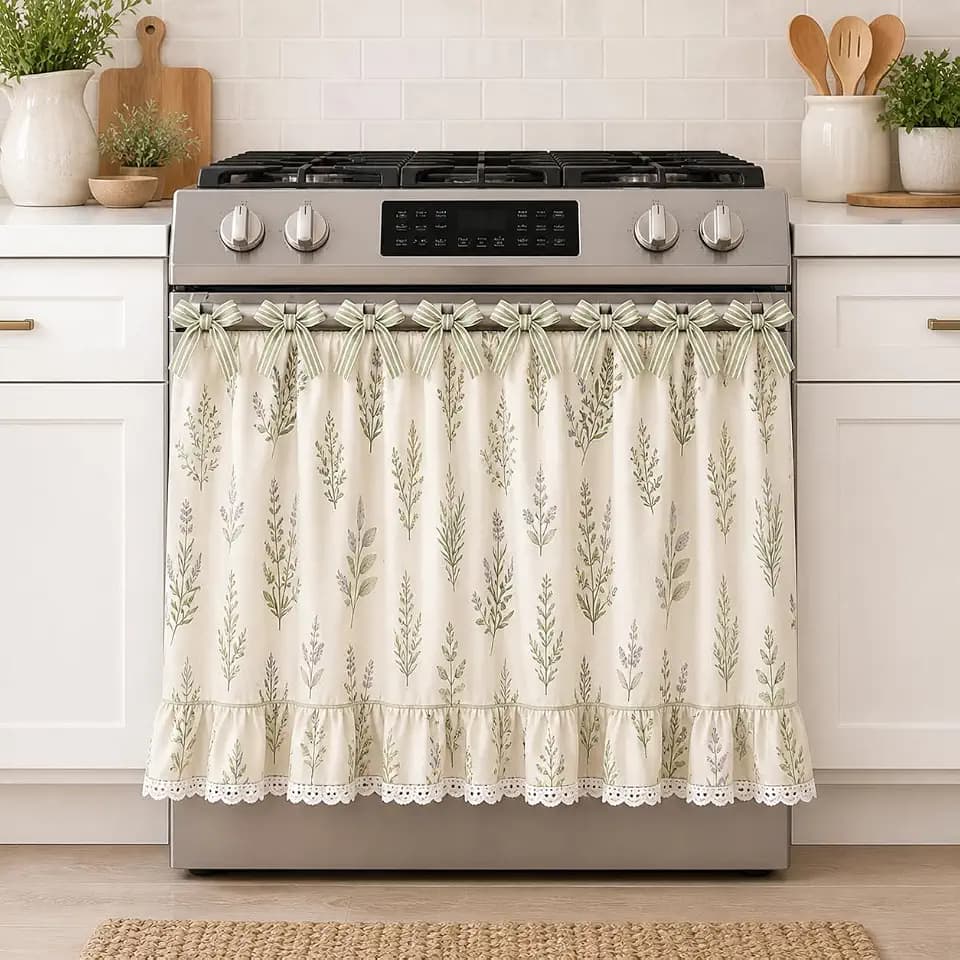 Oven Skirt Curtain for Farmhouse Kitchen Decor, Stove Cover Skirt with Lace Ruffle Trim & 8 Ribbon Ties, Rustic Decorative Oven Door Curtain for Kitchen, Dishwasher & Range (Velvet Sage)