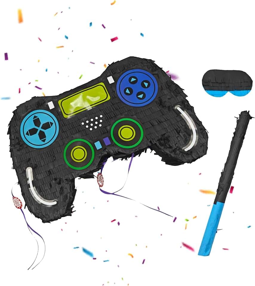 Relaxdays Pinata Gamer, mit Stab & Maske, Partypinata Kinder, bunt